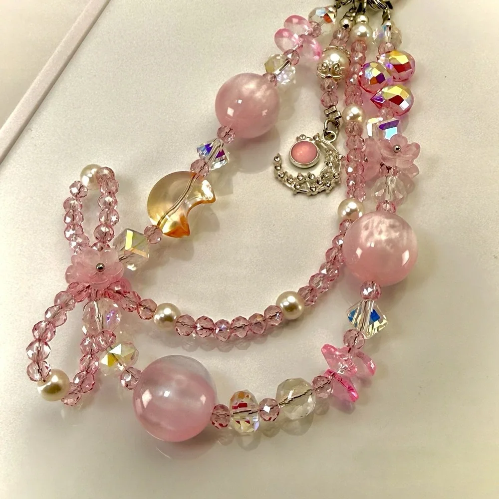 Pink Moon Phone Wristlet Charm Beaded Crystal Pearl Coquette Kawaii Bag Keychain